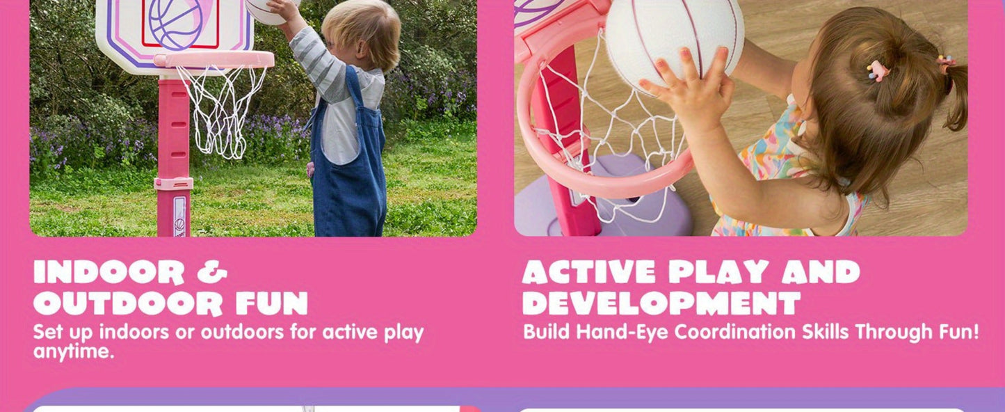 Toddler Basketball Hoop Adjustable Height 2.5-3.5ft Kids Basketball Goal with 4 Balls Air Pump Indoor Outdoor Sports Toy for Boys Girls Ages 1-6 Birthday Christmas Easter Gift Pink Purple