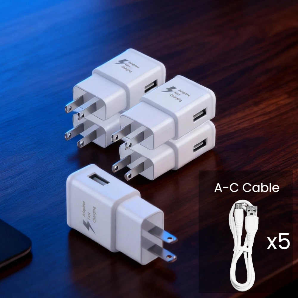 USB Wall Charger Compatible with Samsung Galaxy S25 S24 S23 S22 S21 S20 S10 S9 S8 S7 Note 10 - Adaptive 5V 2A Fast Charging, Bulk Pack 5pcs & 6pcs with Cables, White & Black Options