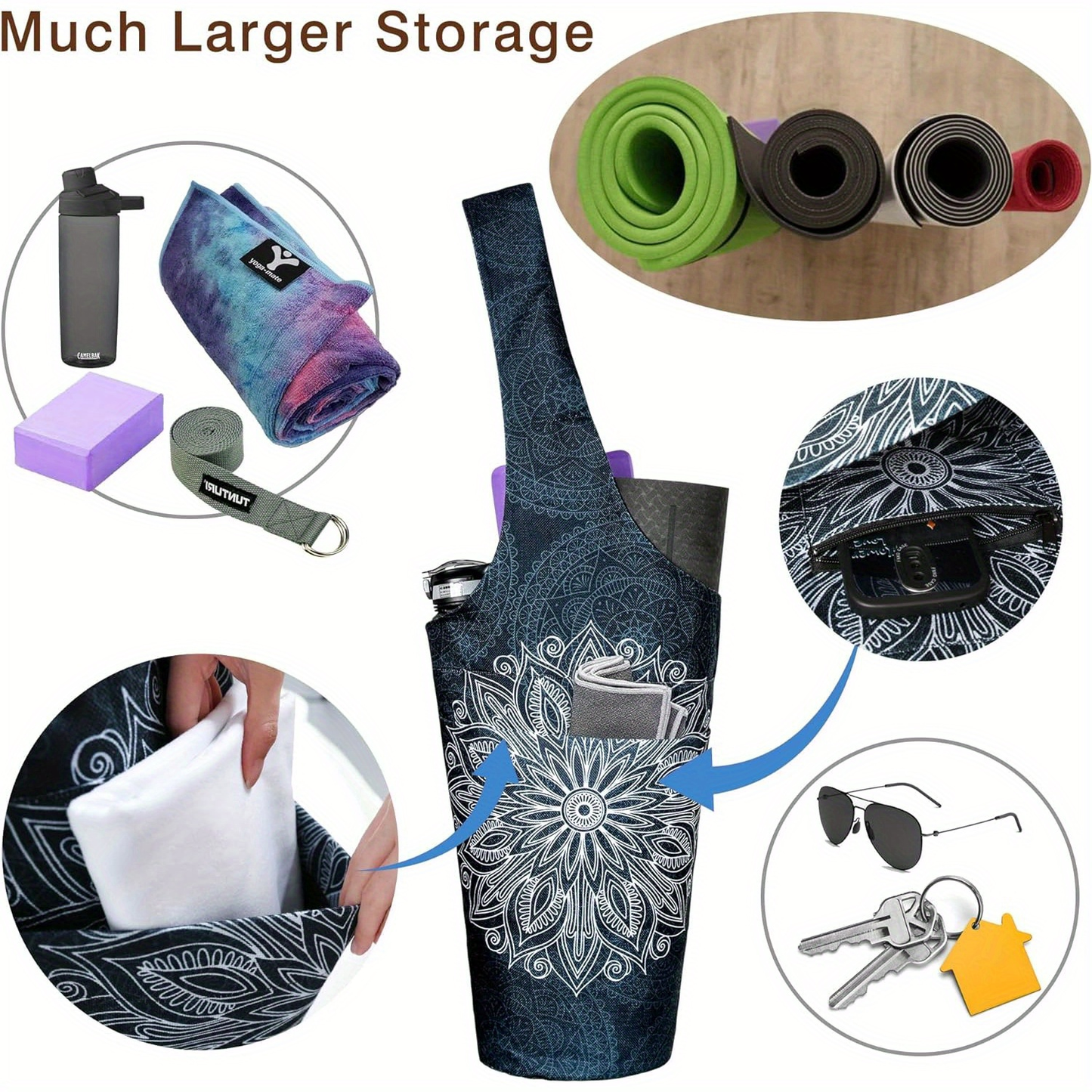 Yoga Mat Tote Bag 37”×15.5” – Large Shoulder Carrier with Dual Pockets for Yoga Mat, Block, Strap & Accessories, Fits Most Mat Sizes, Gym & Studio Bag for Women, Cloud Forest & Mandala Black