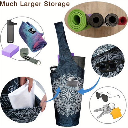 Yoga Mat Tote Bag 37”×15.5” – Large Shoulder Carrier with Dual Pockets for Yoga Mat, Block, Strap & Accessories, Fits Most Mat Sizes, Gym & Studio Bag for Women, Cloud Forest & Mandala Black
