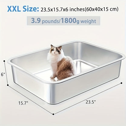 Large Stainless Steel Cat Litter Box 24x16x6 Inch Heavy Duty Rust-Proof Easy Clean Open Top Metal Litter Pan for Big Cats & Rabbits Long-Lasting Durability