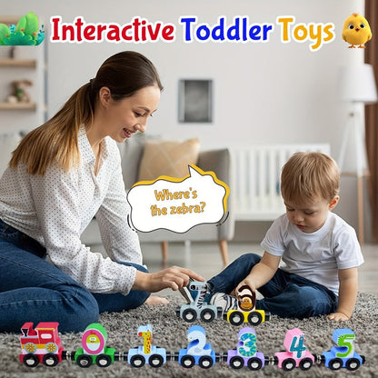 Magnetic Wooden Animal Train Set 12pcs with Storage Bag – Number & Animal Learning Toy for Toddlers Ages 1 2 3 – Christmas Birthday Easter Gift for Boys Girls