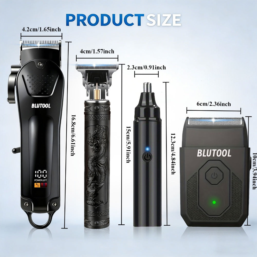 Hair Clipper & Trimmer Set 4-Piece for Men — Professional Barber Kit with Nose Trimmer, Detail Trimmer, Guide Comb, LED Display & USB Rechargeable, Home & Travel Grooming Gift