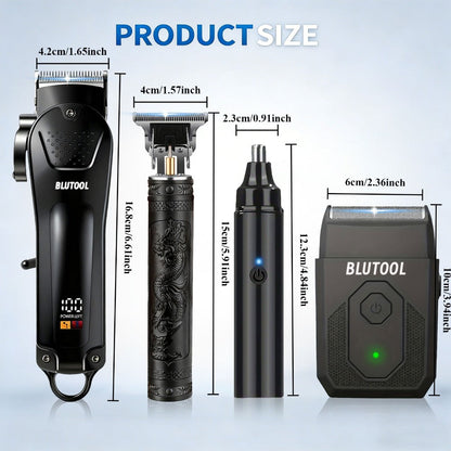 Hair Clipper & Trimmer Set 4-Piece for Men — Professional Barber Kit with Nose Trimmer, Detail Trimmer, Guide Comb, LED Display & USB Rechargeable, Home & Travel Grooming Gift
