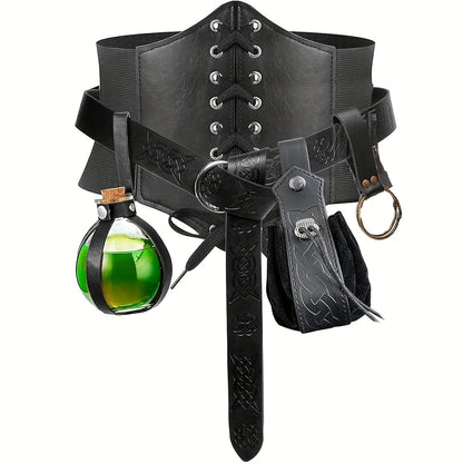 Medieval Costume Accessories Set 5-Piece – Corset Belt, Renaissance Belt Bag, Cork Potion Bottle & More for Halloween, Renaissance Faire, LARP & Cosplay, Unisex Adult Outfit Kit, Black & Brown