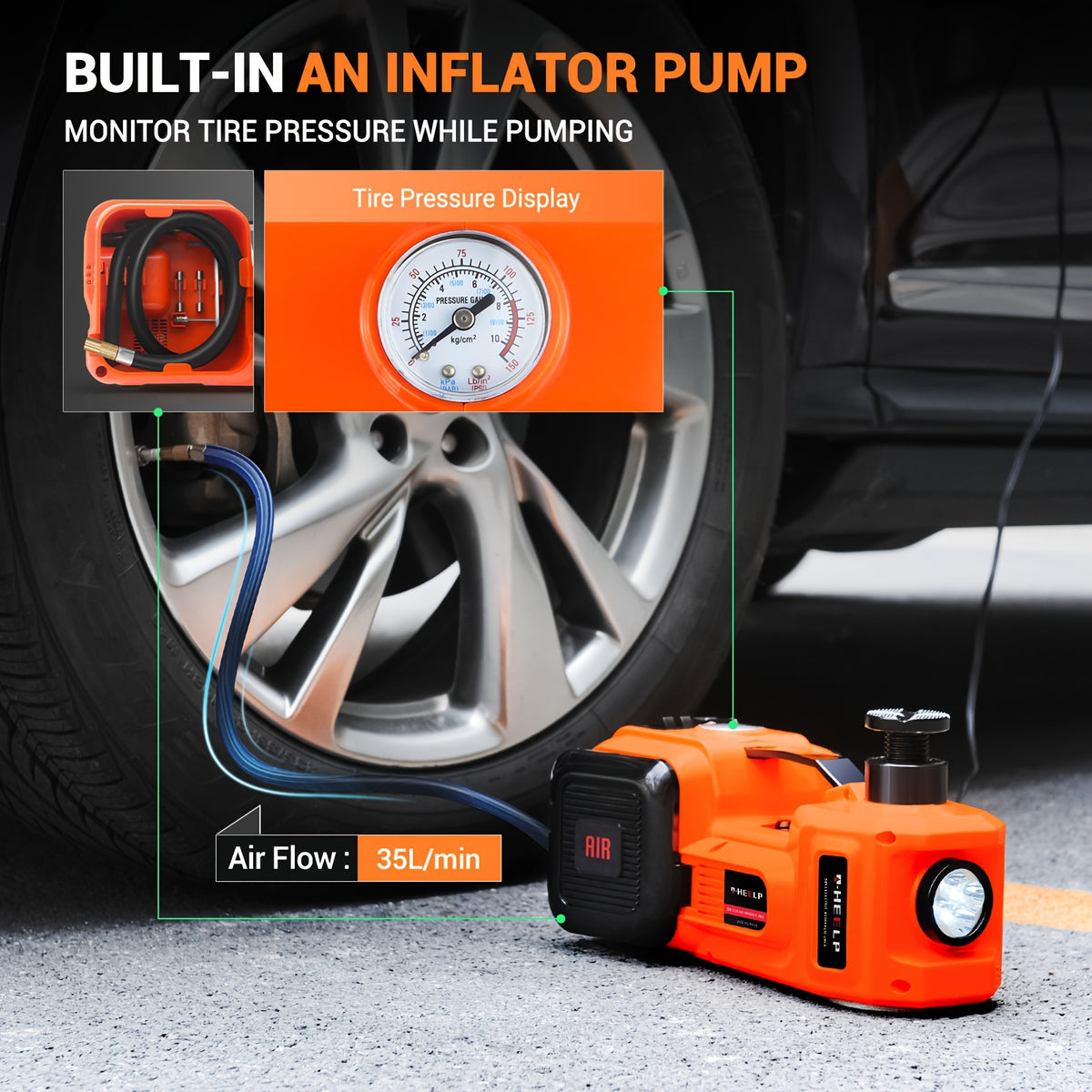 E-HEELP Electric Car Jack 5Ton 12V Kit Car Jack Hydraulic (Lifting Range: 6.1-17.7 Inch) with Inflator Electric Jack for Car SUV Sedan MPV Change Tires Garage Repair Emergency Kit, Without Battery