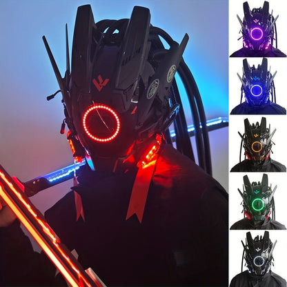 LED Cyberpunk Samurai Mask with Braids – Futuristic Sci-Fi Mechanical Face Mask for Halloween, Cosplay, Music Festival & Rave Party, Blue Green Pink, Free Helmet Included, Adult Gift