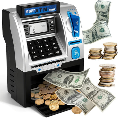 Electronic ATM Kids Piggy Bank with Password – Banknote & Coin Savings Bank for Boys Girls, Birthday Gift, Christmas Gift, Interactive Money Bank Toy, Black & Blue