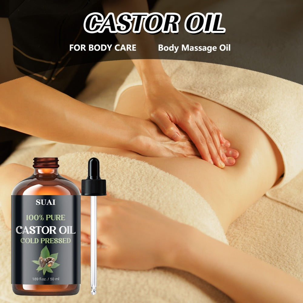 Castor Oil 100% Pure Cold Pressed 1.69oz — Hypoallergenic Multi-Use Oil for Hair Growth Eyebrow Eyelash Thickening Skin Moisturizing Nail Cuticle Care Plant Extract Women Men All Skin Types