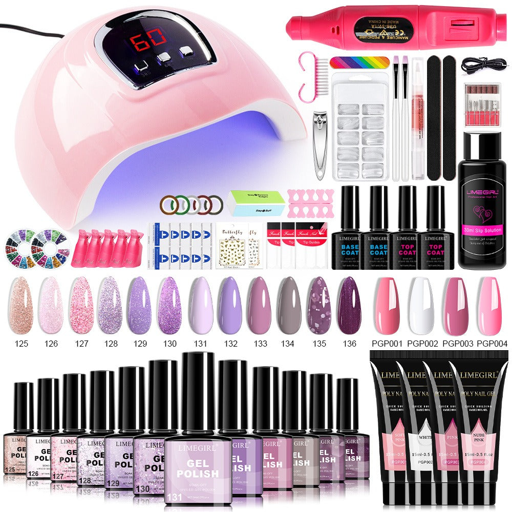Gel Nail Polish Kit with UV Lamp & Electric Nail Drill - 12 Colors Gel Polish Set, Poly Extension Gel, Top & Base Coat, Glitter Nail Art Complete Starter Set for Home Salon, Beginner Gift