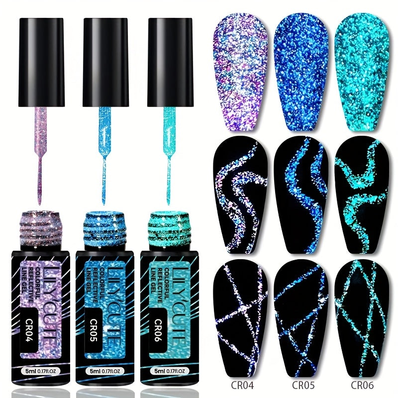 Reflective Glitter Line Gel Nail Art Set LILYCUTE Sparkling Stripe 3pcs 5ml Each - Ultra-Thin Pull Line Drawing Graffiti Gel Polish LED UV Cured DIY Home Manicure for Women