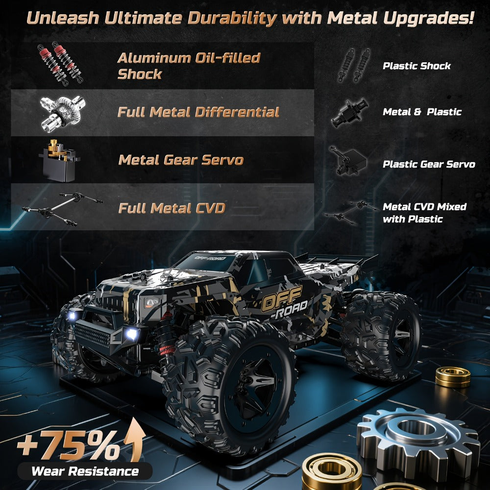 DEERC All-Metal 42KM/H RC Truck 1/16 Scale 4WD Off-Road Monster Truck Dual 1500mAh Batteries 40-Min Runtime LED Headlights Wheelie Bar – High Speed Remote Control Car for Adults Hobbyists Black