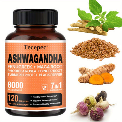 Ashwagandha Capsules 7-in-1 Adaptogen Blend 120ct with Maca Root Rhodiola Rosea Ginseng — Natural Stress Relief Cortisol Support Energy Focus Nerve Health Supplement for Men Women 1 & 2 Bottle