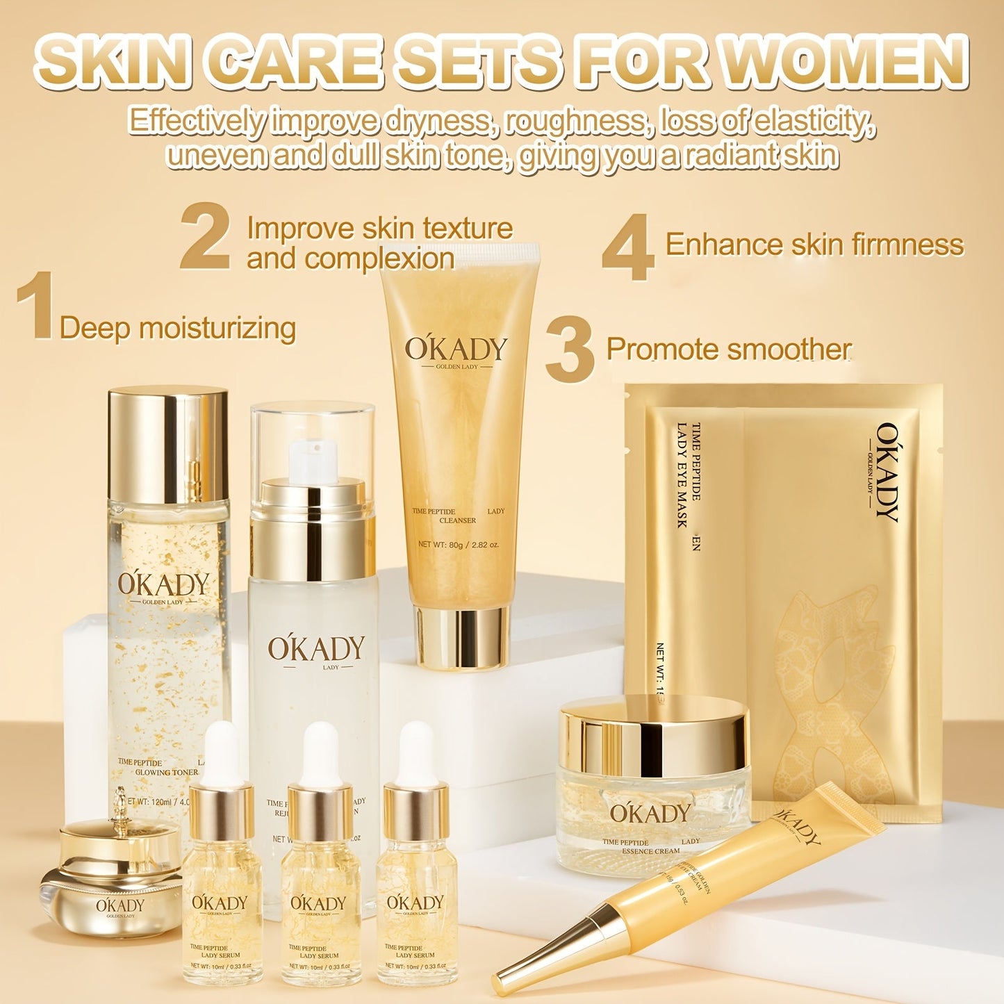 Anti-Aging Skin Care Set for Women 24K Gold Polypeptide Complete Day & Night Routine Peptide Face Care Kit Firming Brightening All Skin Types Luxury Gift Set
