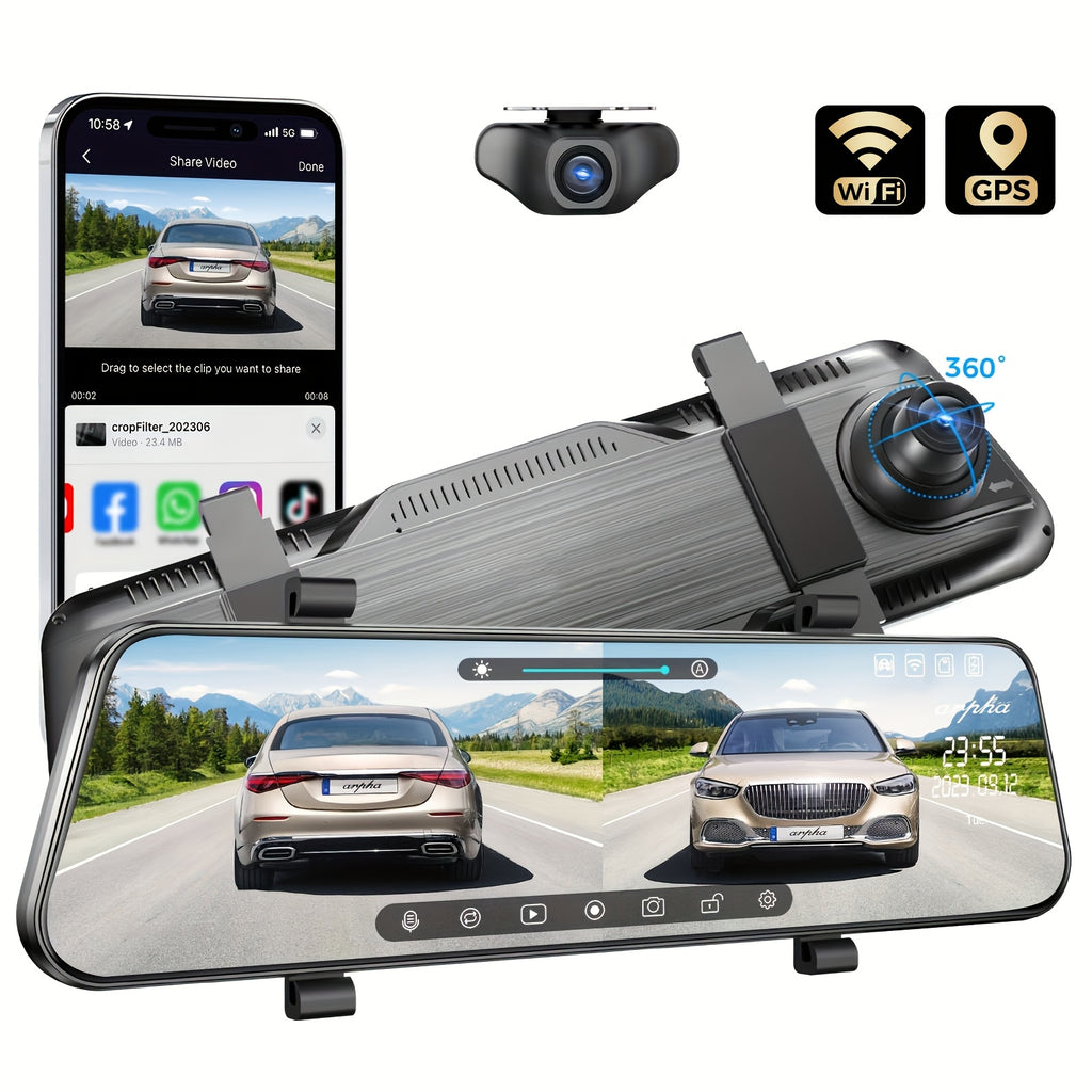 10-inch Touchscreen Dash Cam with Front 1296P and Rear 1080P Recording. Supports App Control, WiFi, GPS, English Voice Control, WDR Wide Dynamic Range, Super Night Vision, and Parking Monitor Mode. Requires Additional Mini Three-core Hard-wiring Kit