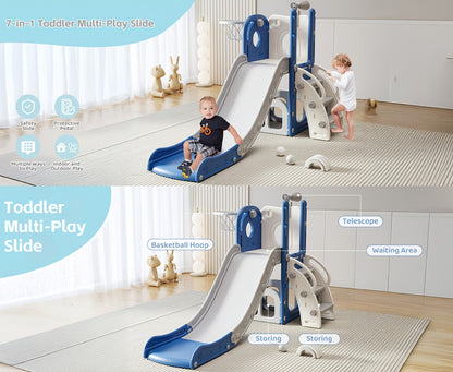 Toddler Slide & Climber Playset L-Shaped Indoor Outdoor Playground with Basketball Hoop Storage Telescope Easy Assembly Birthday Gift Boys Girls