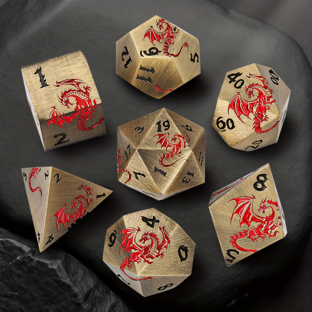 Dragon Metal Dice Set 7pcs Hand-Polished – Retro Carved Dragon Pattern Polyhedral DnD TTRPG RPG Dice with Dragon Storage Bag, D4 D6 D8 D10 D12 D20, Bronze Silver Black Blue White Cyan