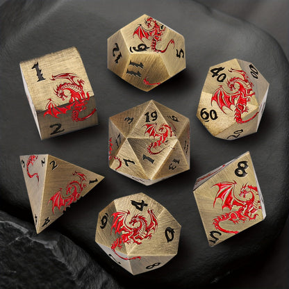 Dragon Metal Dice Set 7pcs Hand-Polished – Retro Carved Dragon Pattern Polyhedral DnD TTRPG RPG Dice with Dragon Storage Bag, D4 D6 D8 D10 D12 D20, Bronze Silver Black Blue White Cyan