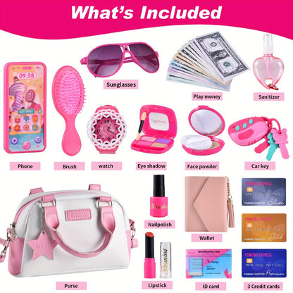 Pink Princess Play Purse Set for Girls – Pretend Makeup Handbag with Phone, Lipstick, Keys & Crossbody Bag, Safe No-Mess Toy, Birthday Christmas Gift for Girls Ages 3+