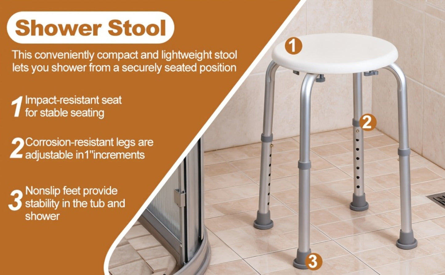 Shower Stool for Inside Shower – Adjustable Height Non-Slip Bath Seat, 300 LBS Capacity, Stable Bathroom Stool for Sitting, Fits Showers & Bathtubs, Lightweight & Easy Assembly