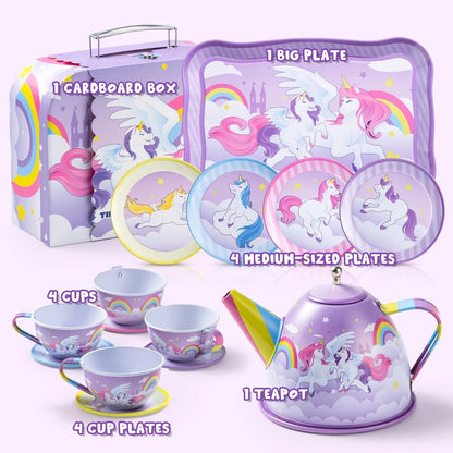 Unicorn Tea Party Set for Girls – Purple Tin Teapot Cups & Plates Pretend Play Princess Kitchen Toy with Storage Case – Magical Unicorn Rainbow Castle Gift for Ages 3+ Birthday Easter Christmas