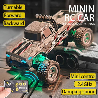 Mini RC Truck 1:64 Scale with Trailer – 2.4GHz Alloy Remote Control Monster Off-Road Pickup with LED Body Lights & Headlights, Rock Crawler Toy for Boys, Birthday Christmas Gift Green Gray Blue