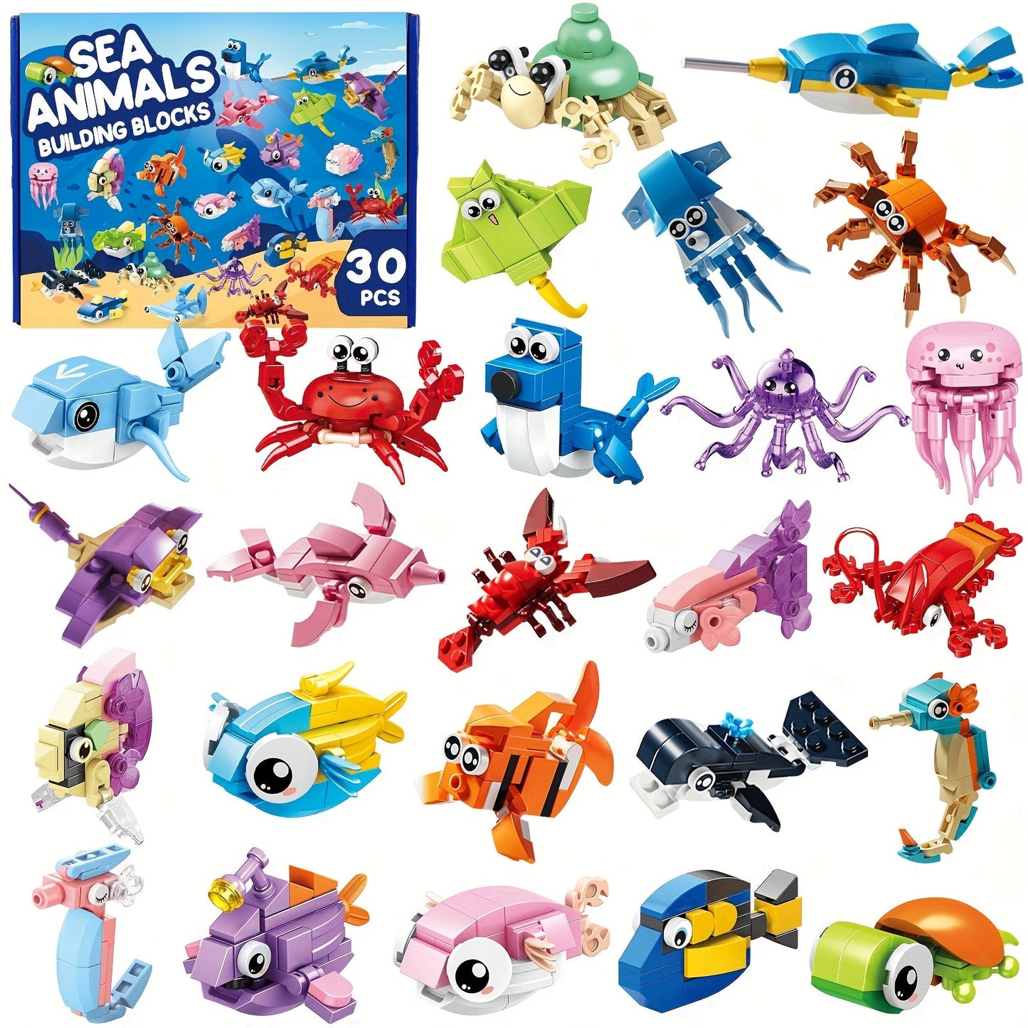 Ocean Mini Building Blocks 30-Pack Party Favors for Kids – Marine-Themed Mini Brick Sets for Birthday Goodie Bags, Classroom Prizes, Stocking Stuffers & Holiday Gifts for Boys & Girls