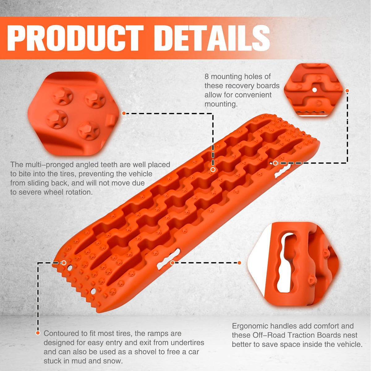 Off-Road Traction Boards, Recovery Boards for 4WD Mud, Sand, Snow, Rock Tracks.4X4 Pair Recovery Tracks Tire Traction Mats with 2 Straps for RV Truck Jeep SUV- Tire Traction Pads for RV Truck 4X4 Jeep SUV Emergency Tire Traction, Orange, Red