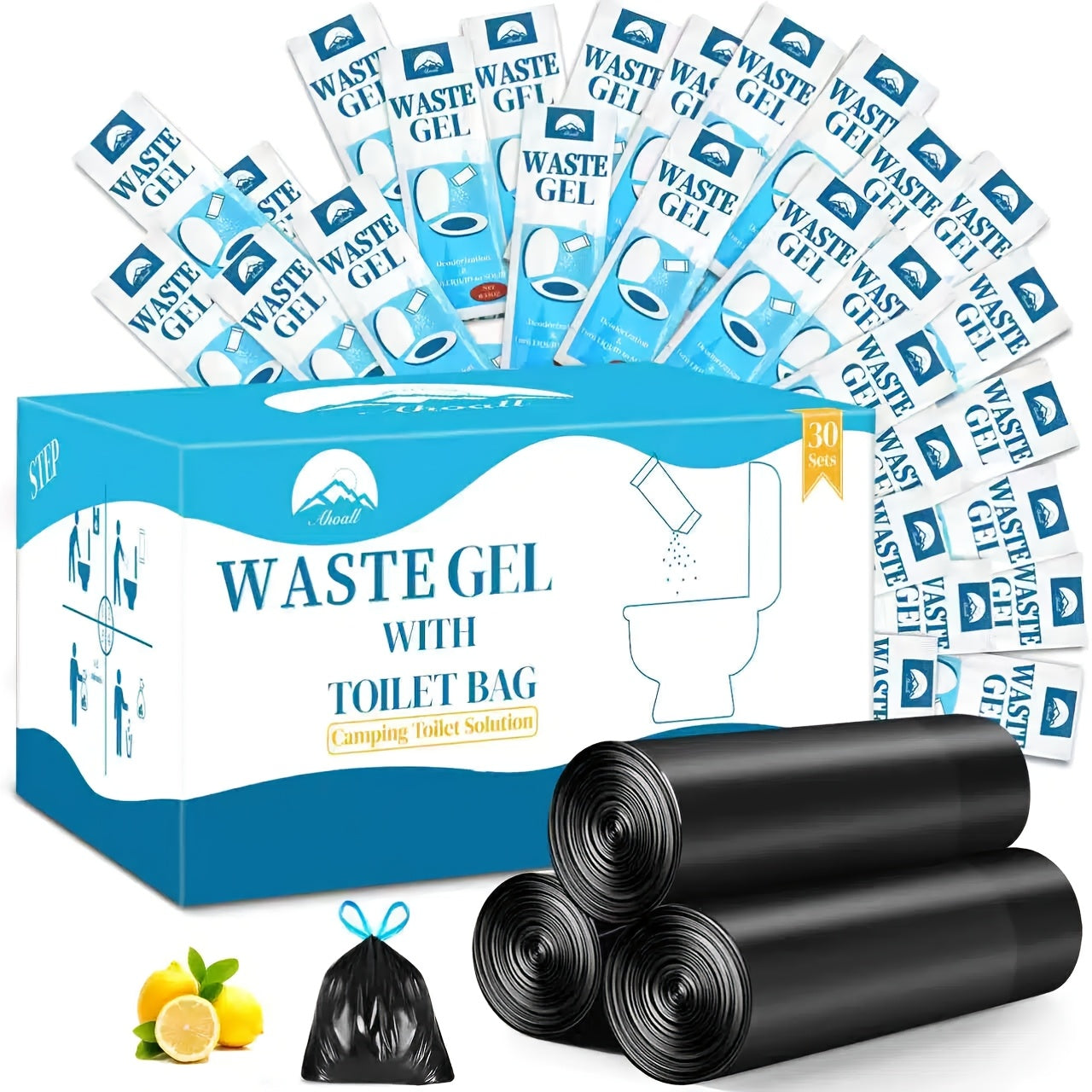 Portable Toilet Bags with Waste Gel – 30 Pack Camping Emergency Outdoor Disposable Toilet Bag Kit with Drawstring Closure and Odor-Absorbing Solidifying Powder for Camping Hiking Travel Backpacking