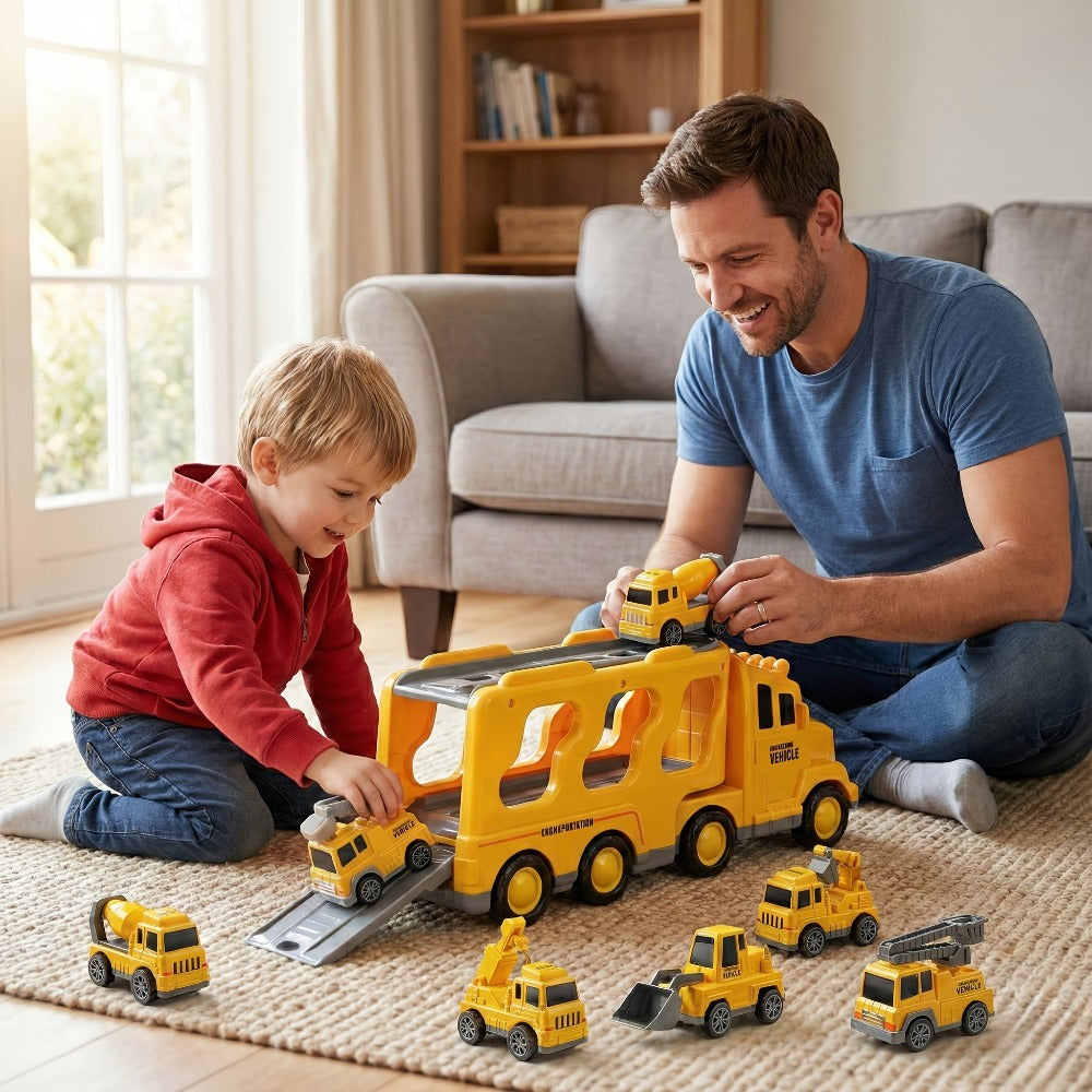 7-in-1 Kids Car Toy Set 7pcs with Playmat – Large Vehicle + 6 Mini Cars Ambulance Police Fire Truck Engineering – Birthday Halloween Christmas Gift for Boys Girls