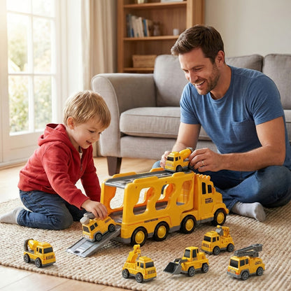 7-in-1 Kids Car Toy Set 7pcs with Playmat – Large Vehicle + 6 Mini Cars Ambulance Police Fire Truck Engineering – Birthday Halloween Christmas Gift for Boys Girls