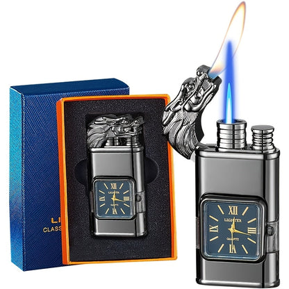 Double Flame Windproof Lighter Creative Retro Metal Lighter Dragon Eagle Gun Shape Quartz Dial Portable Outdoor Lighter Men Gift Box Butane Gas Not Included
