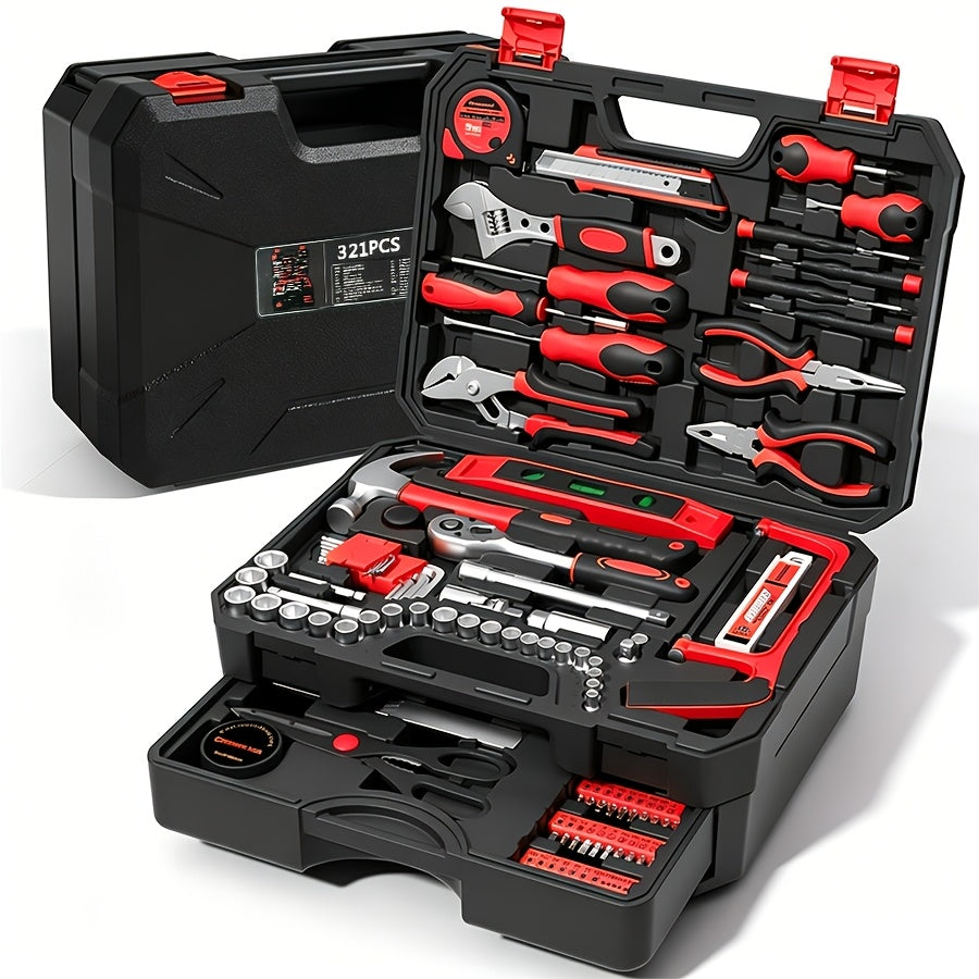BOURVILL 52+1/108/321pcs Three-Drawer Hardware Tool Storage Box | Portable Self-Locking Toolbox | Automotive Repair Tool Set | Ideal for Organizing And Storing Hardware | Suitable for Automotive, Motorcycle, And Home Repair Work
