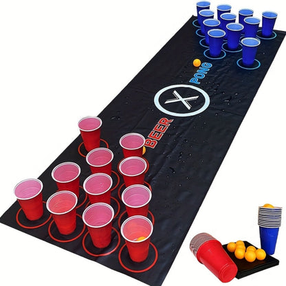 Beer Pong Set with Table Mat 12 Red Cups 12 Blue Cups & 24 Ping Pong Balls – Complete Adult Drinking Party Game for Game Night Couples Friends Bar, Christmas Valentine's Day Birthday Gift