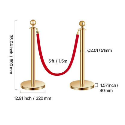 Stanchion Posts with Red Velvet Rope Set - Gold Crowd Control Barrier, 201 Stainless Steel Queue Poles with Sand-Fillable Base & 4-Way Connectors, for Wedding Event Party Museum Hotel, 4/6/8 Pcs