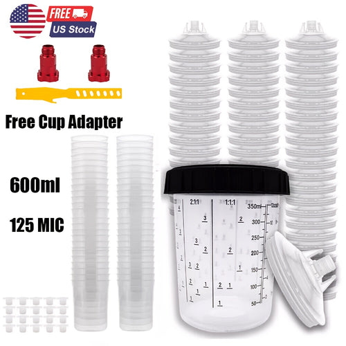 50pcs Disposable Paint Spray Gun Cup Liners And Lid System with 50pcs Paint Cups with Lids, Hard Cup with Retainer Ring, 2 Cup Adapter, Paint Stirrer, for Automotive Paint Gun