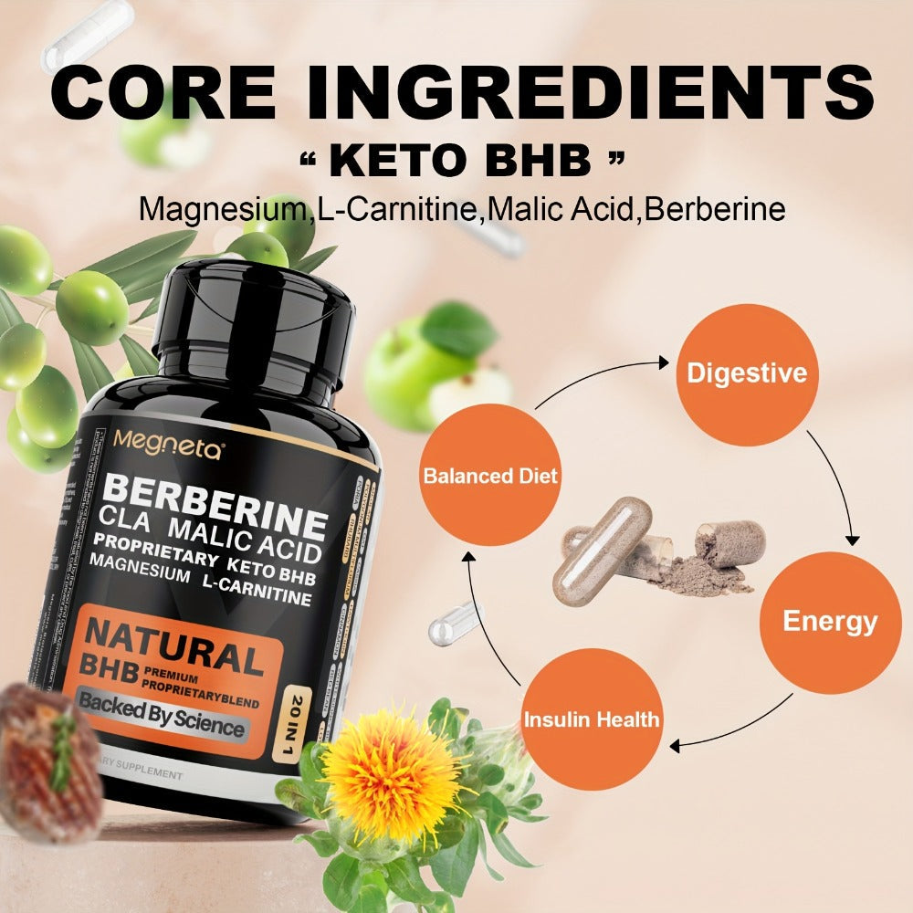 Keto BHB Weight Loss Capsules 20-in-1 with L-Carnitine CLA Berberine Malic Acid — Fat Burn Insulin & Liver Health Support | 60 Capsules 30-Day Supply | Advanced Metabolic Formula