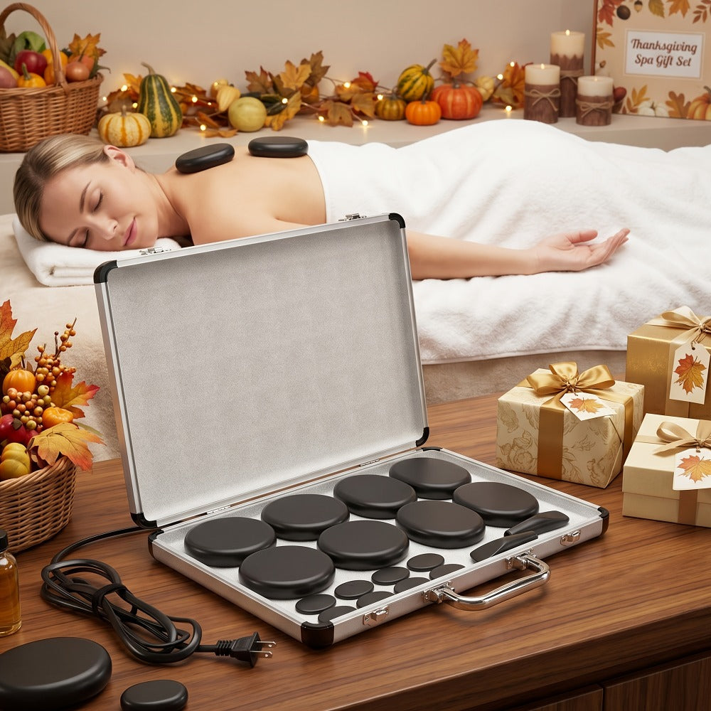18-Piece Basalt Hot Stone Massage Set with Warmer — 4 Sizes for Full Body Deep Relaxation, Professional Therapist & Home Spa Stone Therapy Kit, Temperature Control Heater