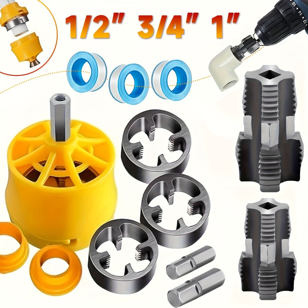 Pipe Threading Set 9 & 13-Piece – Power Drill Water Pipe Thread Dies for 1/2", 3/4" & 1" Inside & Outside Threading, Professional Plumbing Pipe Threader Tool Kit