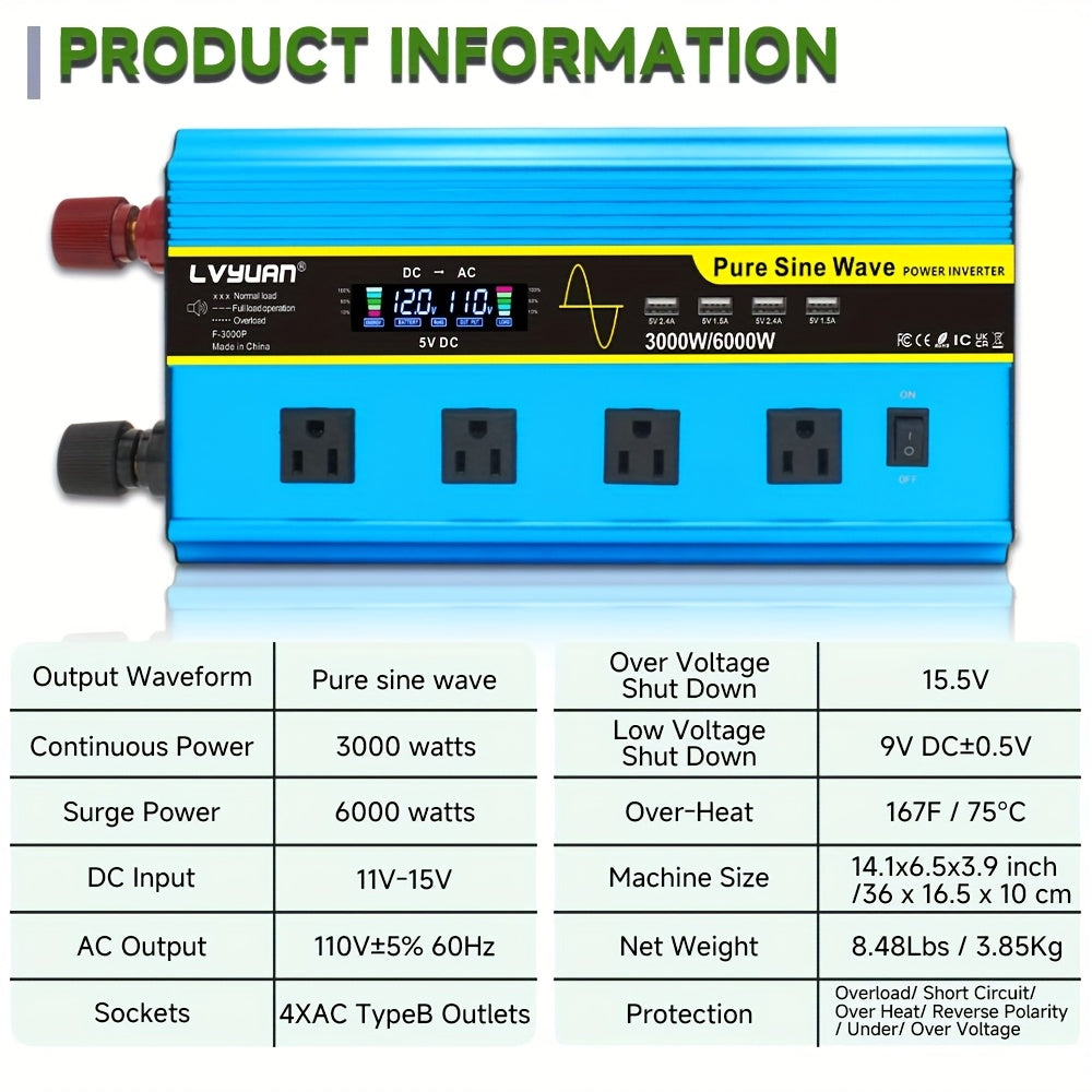 LVYUAN Pure Sine Wave Inverter 3000 Watt/6000W(Peak)Inverter 12V to 110V DC to AC with Remote Controller, LCD Display 4 AC Sockets And 4 USB Charge Ports for Home Car Truck Solar System