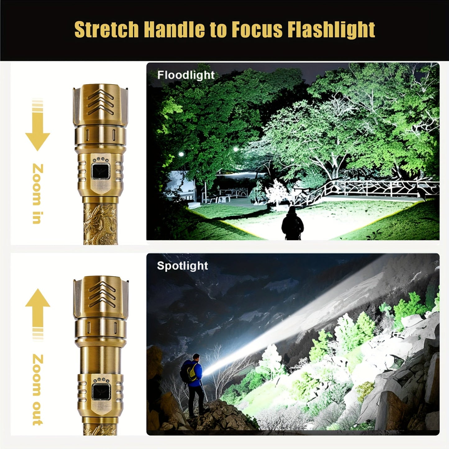 Rechargeable Flashlight 4000mAh - 1000 Lumen Dragon Pattern LED Torch, Zoomable Beam, Fire Starter Lens, 4 Modes, Aluminum Alloy for Camping, Outdoor & Emergency Use