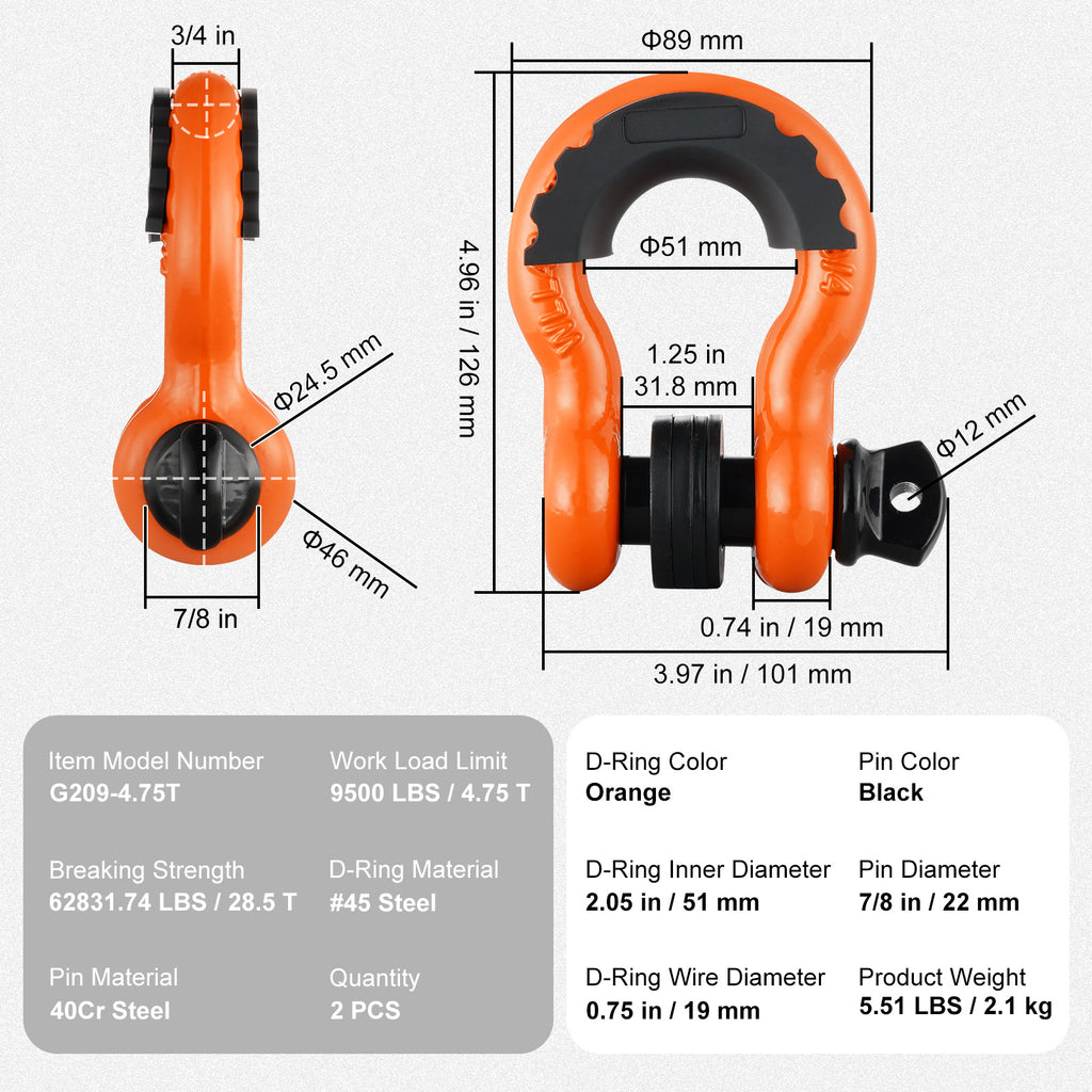 VEVOR 3/4" D-Ring Shackle, 2 Pack Alloy Steel Shackles 62832 lbs (28.5 Ton) Break Strength with 7/8" Screw Pin, Isolators & Washers, Heavy Duty Off Road Vehicle Recovery Shackle for Jeep Truck,Orange/Black/Red
