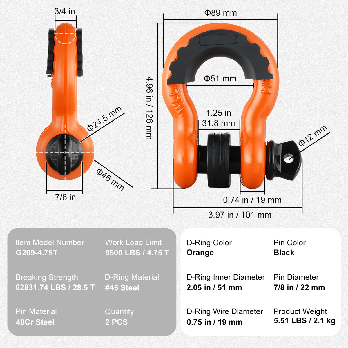 VEVOR 3/4" D-Ring Shackle, 2 Pack Alloy Steel Shackles 62832 lbs (28.5 Ton) Break Strength with 7/8" Screw Pin, Isolators & Washers, Heavy Duty Off Road Vehicle Recovery Shackle for Jeep Truck,Orange/Black/Red