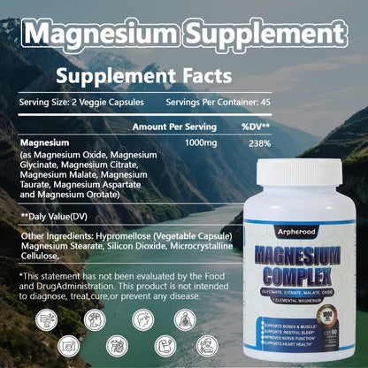Magnesium Complex Supplement 7-in-1 with Glycinate, Malate, Taurate & More – 1000mg Per Serving for Sleep, Muscle Recovery, Nerve & Energy Support | High-Absorption Multi-Form Formula | 180 Capsules
