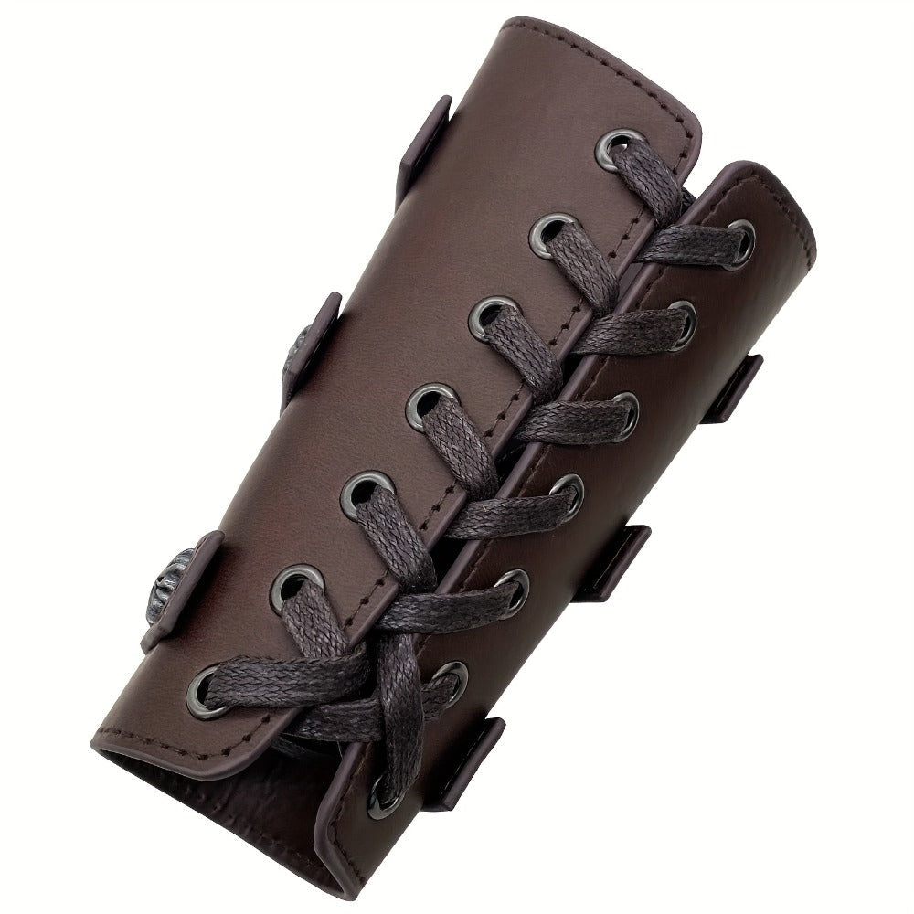 Viking Medieval Leather Arm Guards Bracers – PU Leather Knight Gauntlets Adjustable Metal Buckles Rivets for Men Women Halloween Cosplay LARP Renaissance Fair Stage Costume Dark Brown Khaki Black