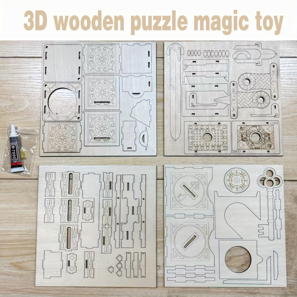 Wooden Magic Trick Set 4-Piece Kit – STEM Magic Puzzles with Sword Finger, Coin & Key Penetration, Magic Pencil Box | Birch Wood Illusion Props for Stage & Party, Unique Gift for Kids Adults