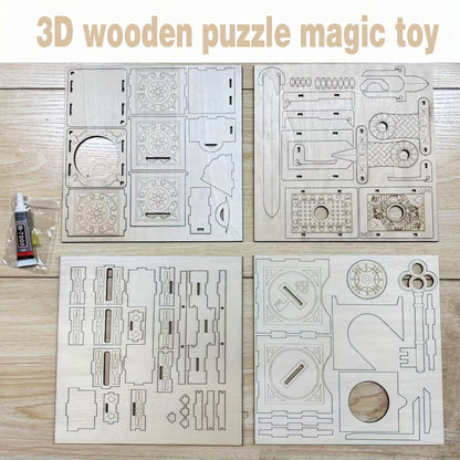 Wooden Magic Trick Set 4-Piece Kit – STEM Magic Puzzles with Sword Finger, Coin & Key Penetration, Magic Pencil Box | Birch Wood Illusion Props for Stage & Party, Unique Gift for Kids Adults