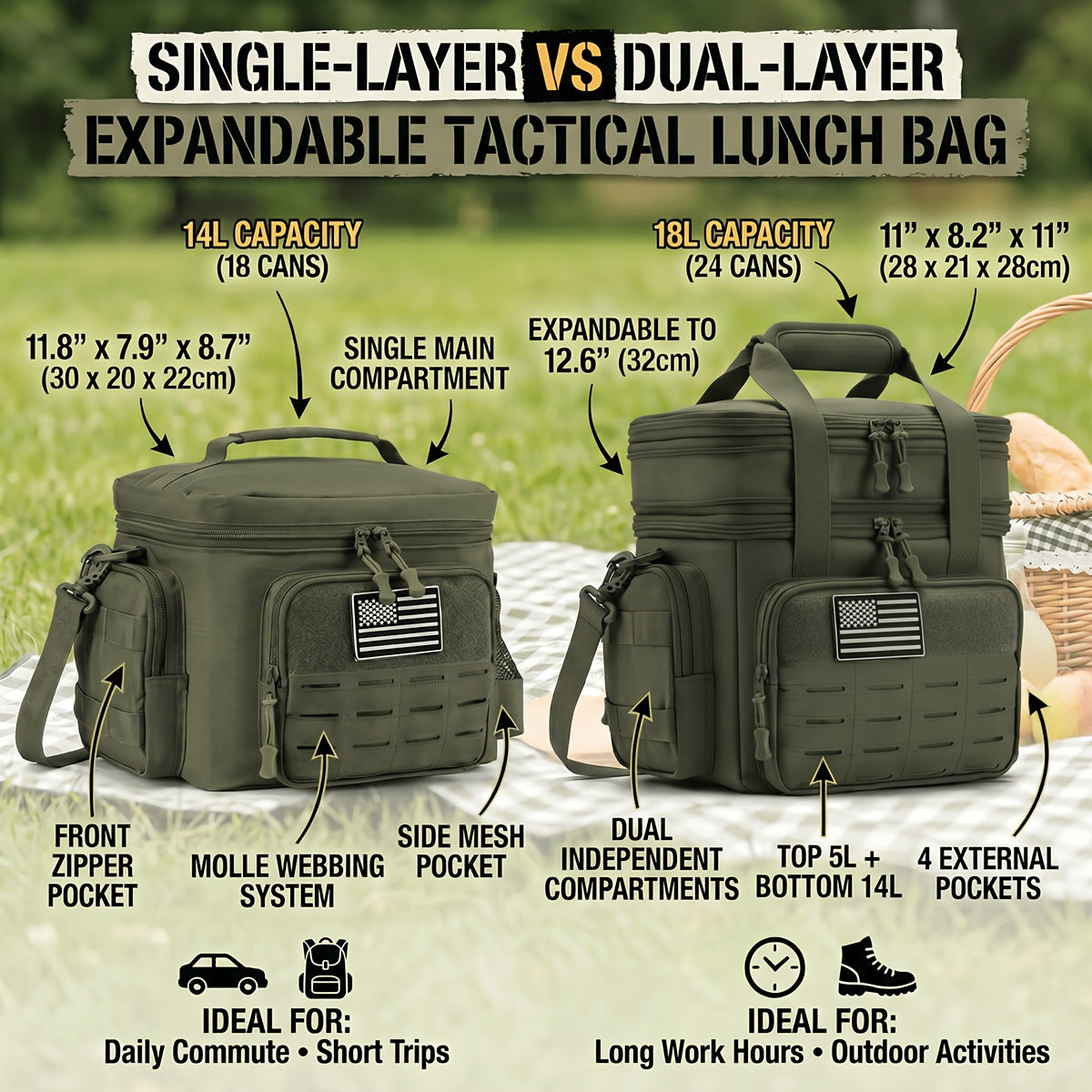 Tactical Insulated Cooler Lunch Box with MOLLE Webbing – Expandable & Leakproof, 3.7 Gal or 18L, for Hunting, Camping, Work & Outdoor Picnics – Black, Green or Khaki