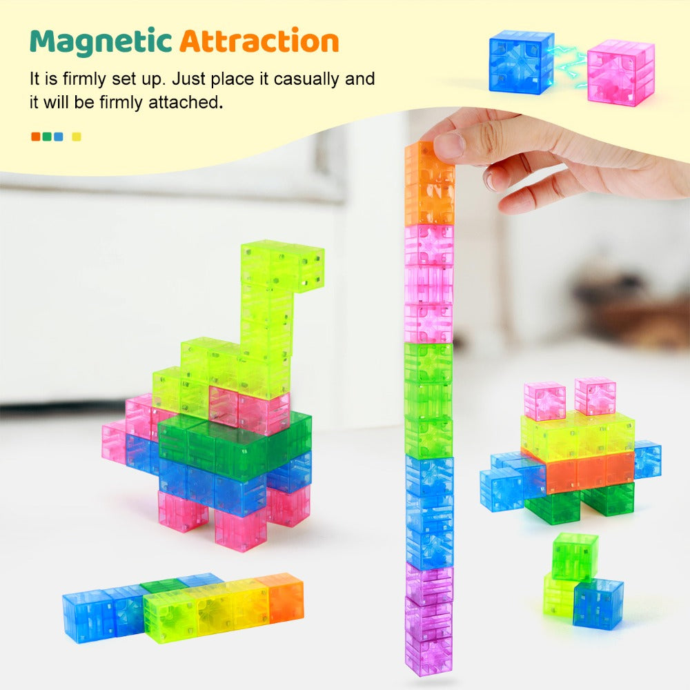 Magnetic Building Blocks 100pcs Colorful Transparent Cube Construction Set – Creative STEM Physics Learning Toy for Boys & Girls, Best Christmas & Birthday Gift for Kids Ages 3+