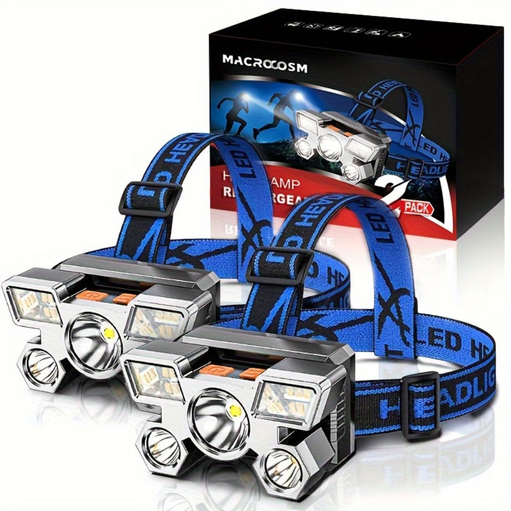 LED Headlamp 2 Pack USB Rechargeable IP44 Waterproof | 5 LED Multi-Mode Head Flashlight | Hands-Free Light for Camping Running Fishing Hiking Outdoor Adventures